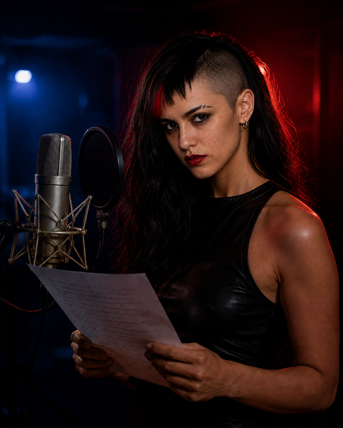ROJAVEZ en el estudio con un texto de canción junto al micrófono